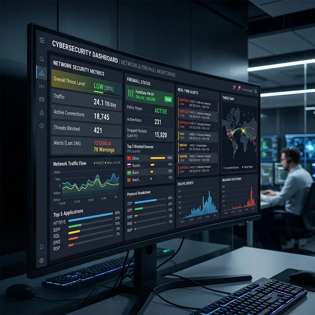 Cybersecurity dashboard displaying network security metrics